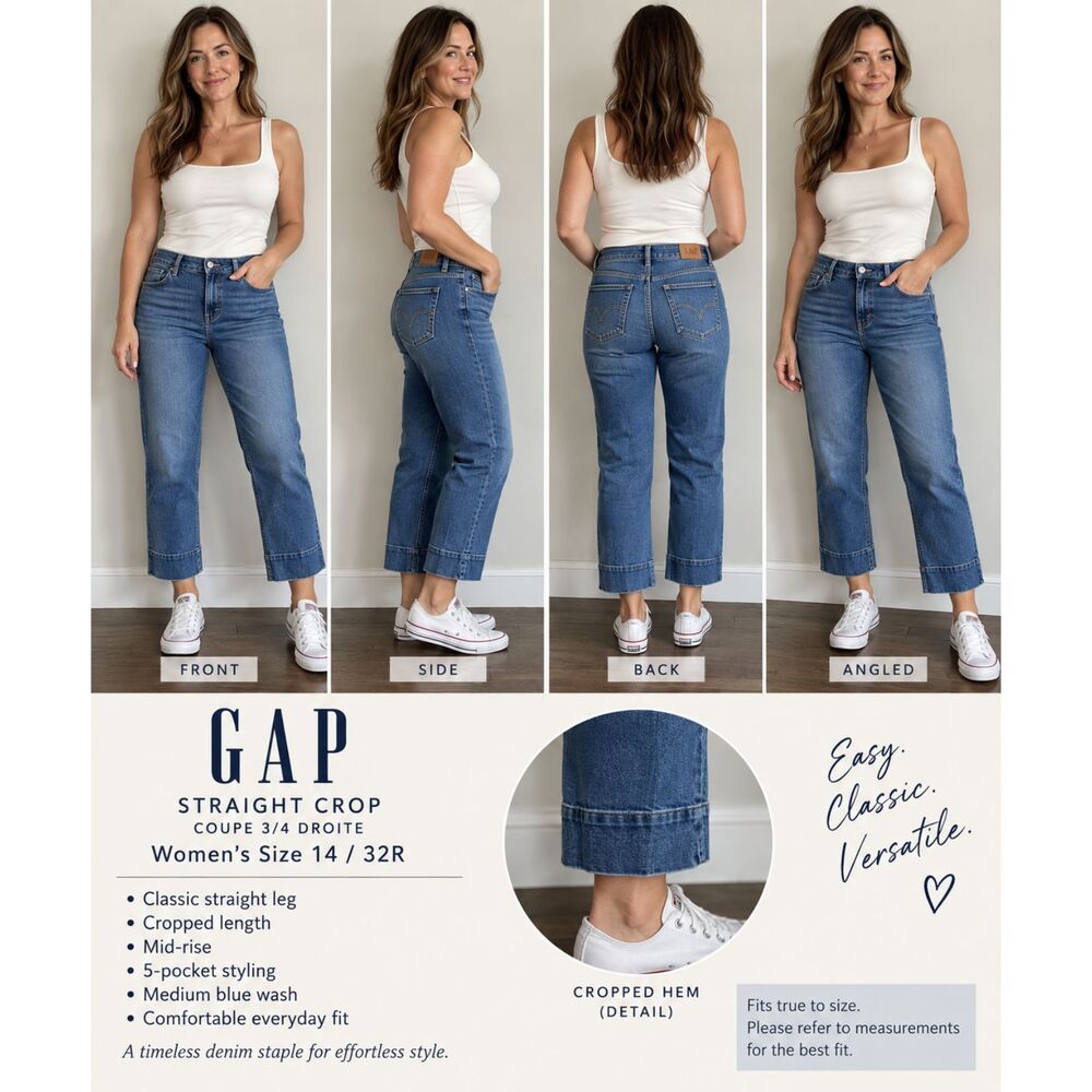 GAP Straight Crop Jeans Women's 14 32R Blue Denim Straight Leg Cropped 3/4